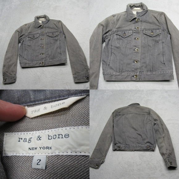 Rag & Bone Denim Jacket Womens 2 Gray Waist Button Cropped Front Pockets Trucker - Picture 1 of 14